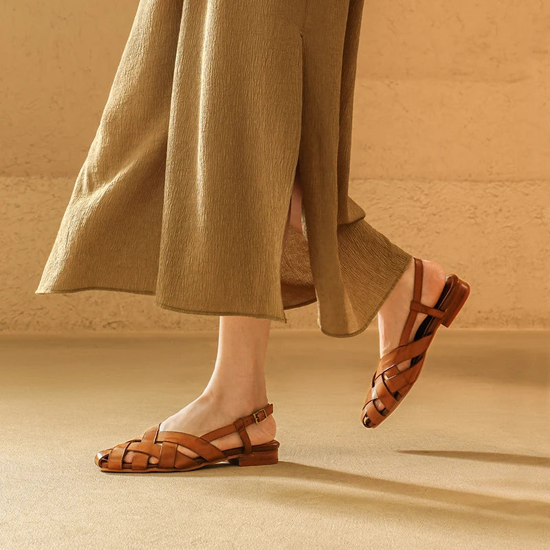 BEAUTODAY Gladiator Sandals Women Cow Leather Cross-tied Cover Pointed Toe Buckle Strap Flats Summer Ladies Shoes Handmade 33034