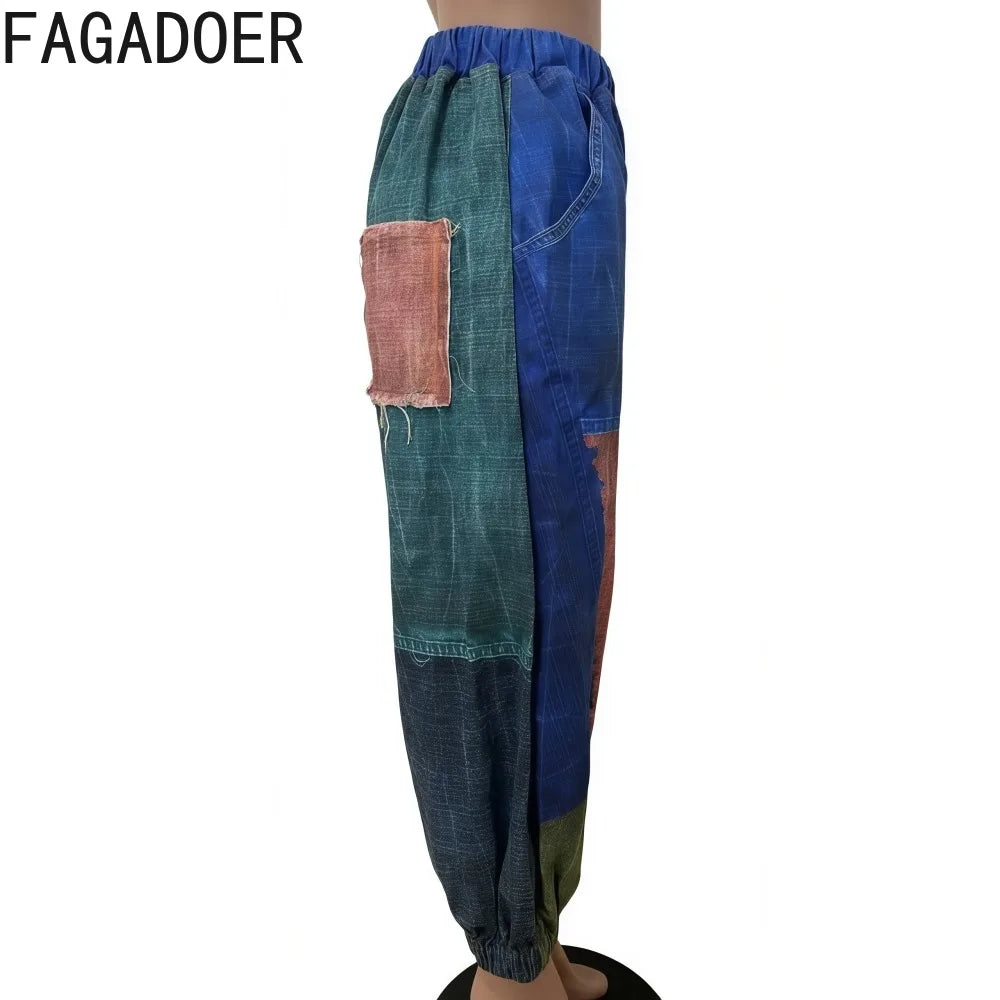 FAGADOER Fashion Color Block Denim Pants Women Pockets Patchwork Loose Wide Leg Jeans Female Streetwear Trousers 2025 Autumn New