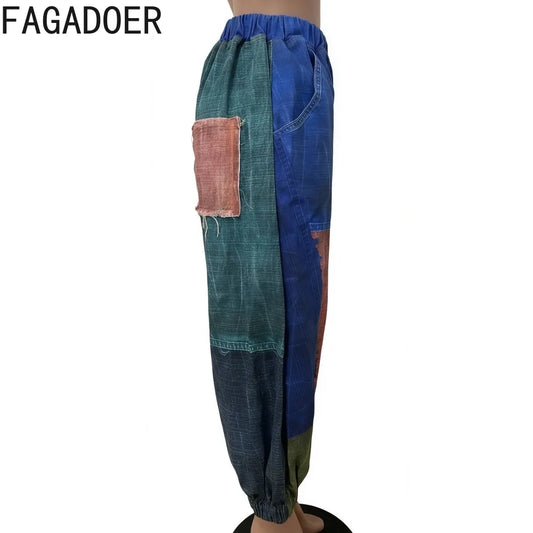 FAGADOER Fashion Color Block Denim Pants Women Pockets Patchwork Loose Wide Leg Jeans Female Streetwear Trousers 2025 Autumn New