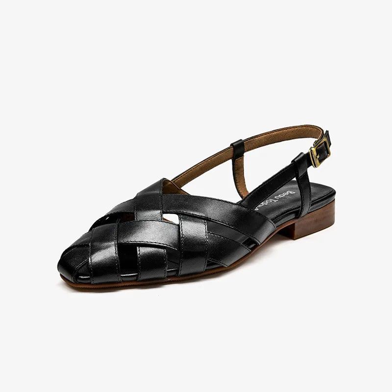 BEAUTODAY Gladiator Sandals Women Cow Leather Cross-tied Cover Pointed Toe Buckle Strap Flats Summer Ladies Shoes Handmade 33034