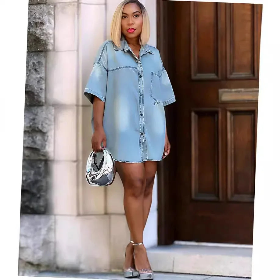 Ladies' Casual Denim Short-sleeved Shirt. Summer's New Street Fashion Loose Denim Patchwork Cardigan Top with Pocket for Women