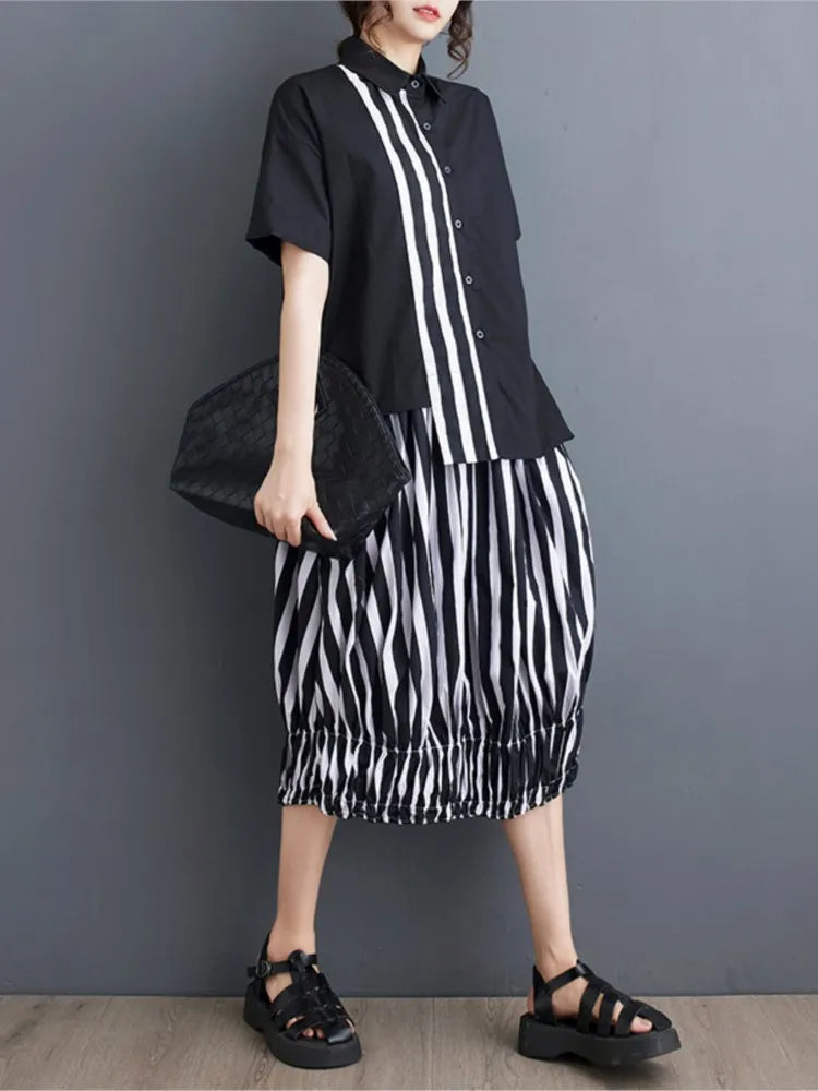 Summer Striped Print 2 Two Piece Set Women Irregular Patchwork Fashion Ladies Cropped Shirts Loose Casual Pleated Woman Skirts
