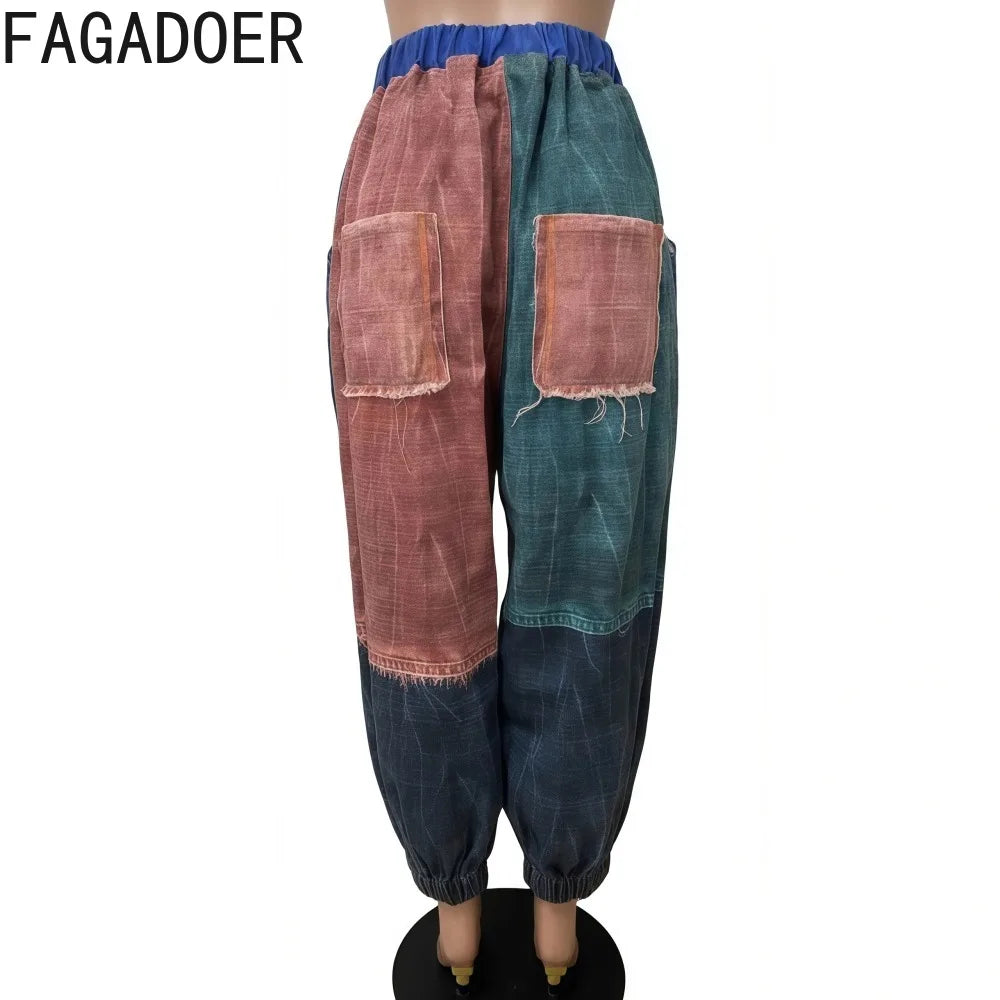 FAGADOER Fashion Color Block Denim Pants Women Pockets Patchwork Loose Wide Leg Jeans Female Streetwear Trousers 2025 Autumn New