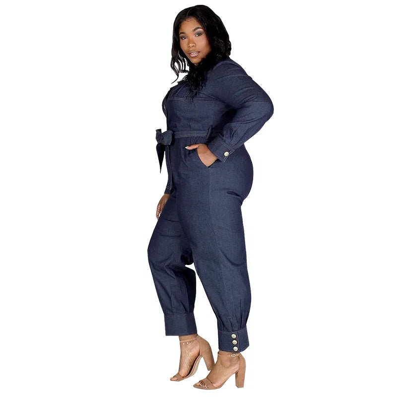 Streetwear Women Plus Size Denim Jumpsuits Turn-down Collar Single-breasted High Waist Sashes Pure Color Rompers 2021 Autumn