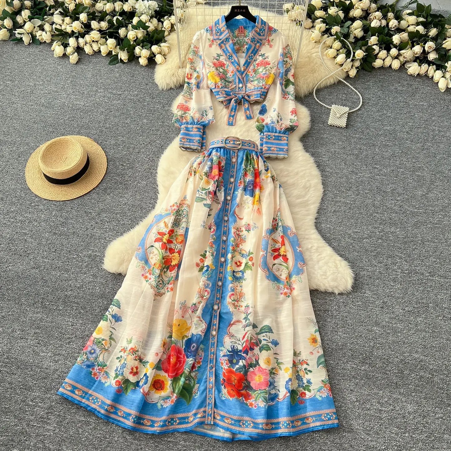 Elegant Floral Maxi Dress 2 Piece Skirt Sets Women Summer Autumn Palace Crop Top Print Shirt A Line Long Skirts Beach Outfit