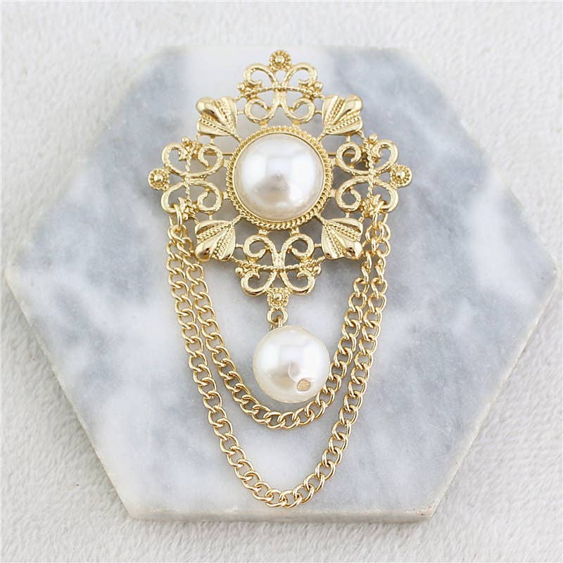 Retro Filigree Brooches with Dangling Chains and Pearls