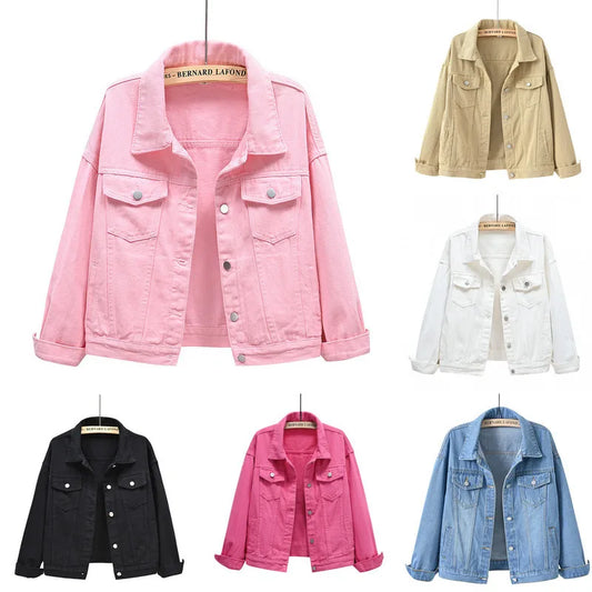 Pink Denim Jacket Women's Spring Autumn Single-breasted Lapel Coat Fashion Green Black Red Blue Outerwear Female Jean Overcoat