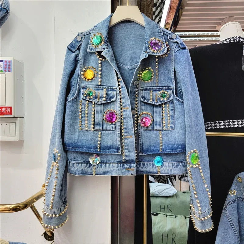 Streetwear Diamonds Rivet Big Pocket Long Sleeve Denim Jacket Women Casual Cowboy Outerwear Loose Short Jeans Jacket Coat Female