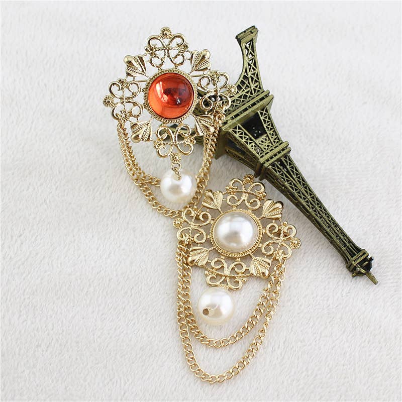 Retro Filigree Brooches with Dangling Chains and Pearls