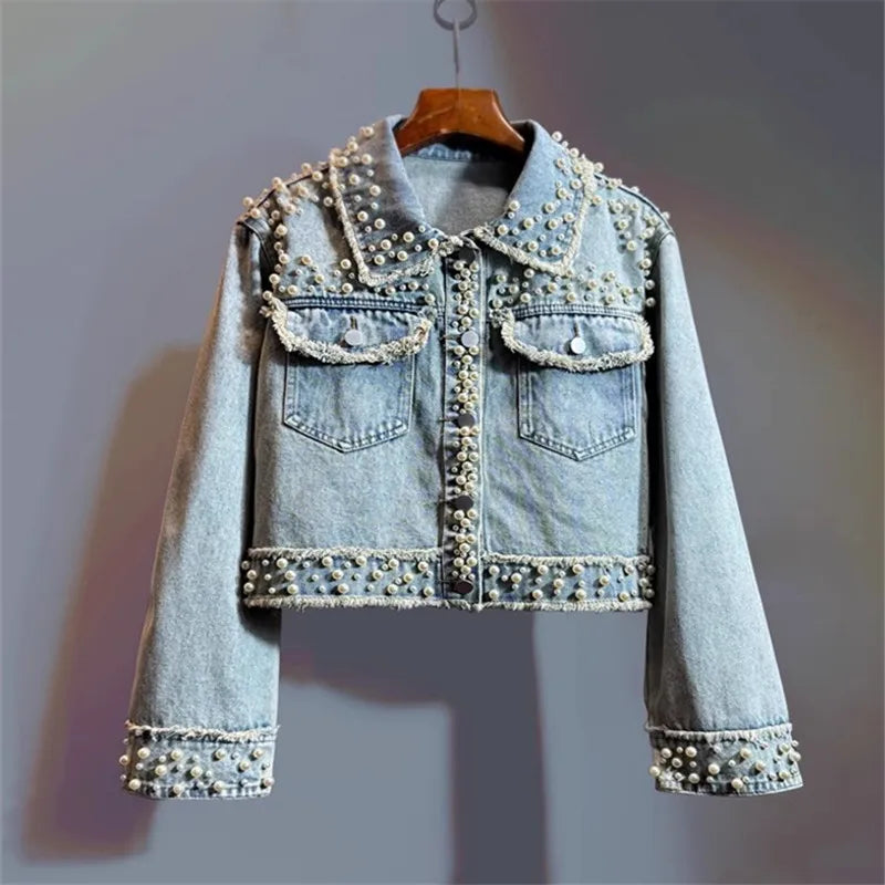 Autumn Women Vintage Light Blue Short Denim Jacket Pearl Beading Frayed Burrs Pocket Long Sleeve Jeans Jacket Coat Streetwear