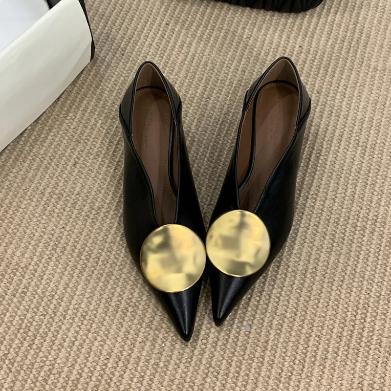 SUOJIALUN 2025 Autumn New Brand Women Pumps Shoes Fashion Gold Metal Shallow Slip On Single Shoes Thin Low Heel Dress Pumps
