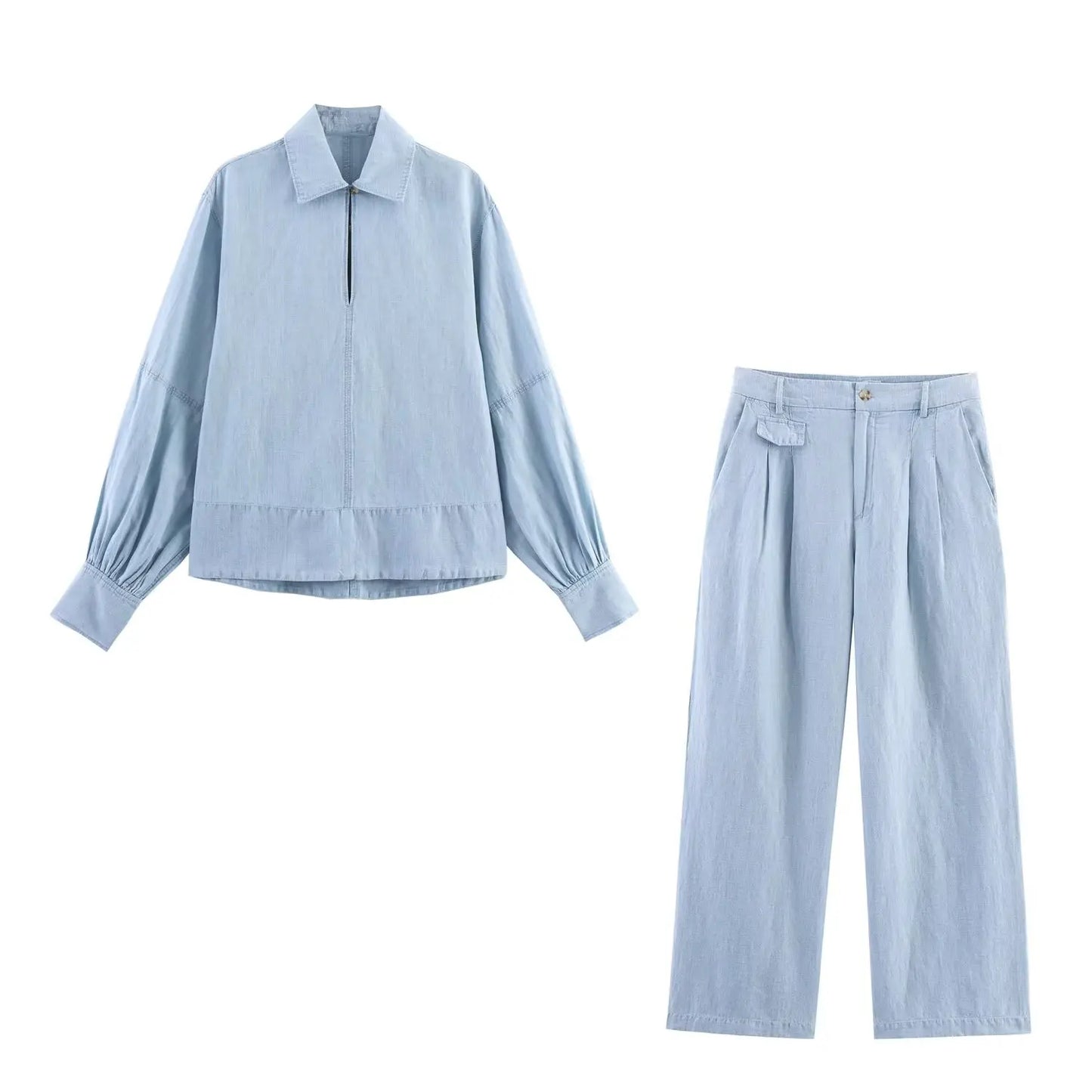 HH Summer Women Fashion Turn-down Collar Long Sleeve Shirts+Slim Zipper Button Pockets Straight Pants Denim 2-Piece Set