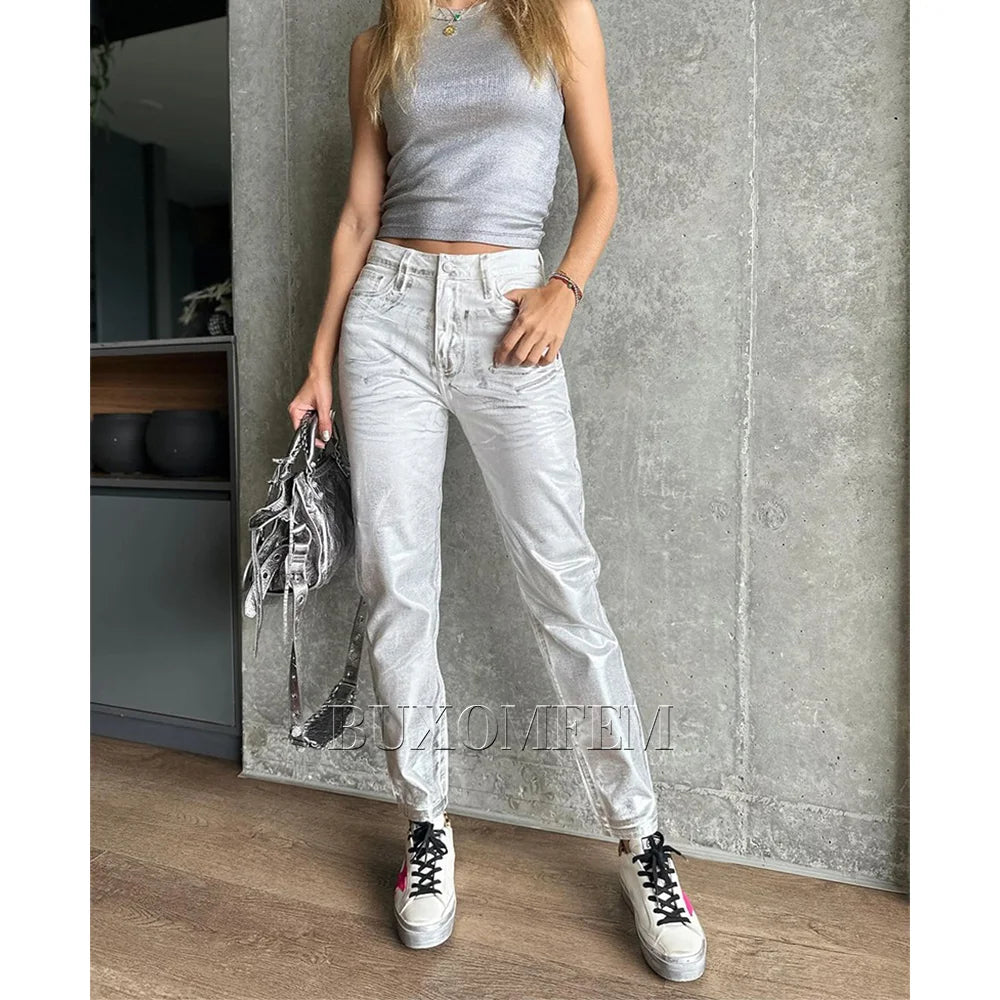 New Vintage Jeans Straight Wide Leg Jeans Female Summer New Fashion Silver Gold Women Metallic Denim Pants Streetwear Style