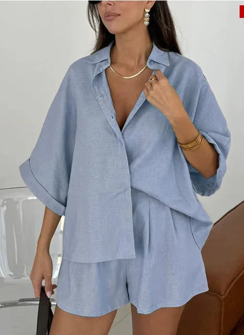 Summer Women's Casual Collar Half Sleeved Top Shorts Two-piece Set 2025 Solid Color Simple T-shirt Top+shorts Set For Wearing