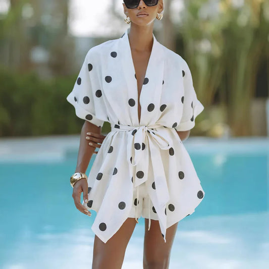 Women White Polka Dot Linen Printed Bandage Blouse Shorts 2 Pieces Set For Vacation Beach  Korean Korean Clothes Y2K Outfit Sets
