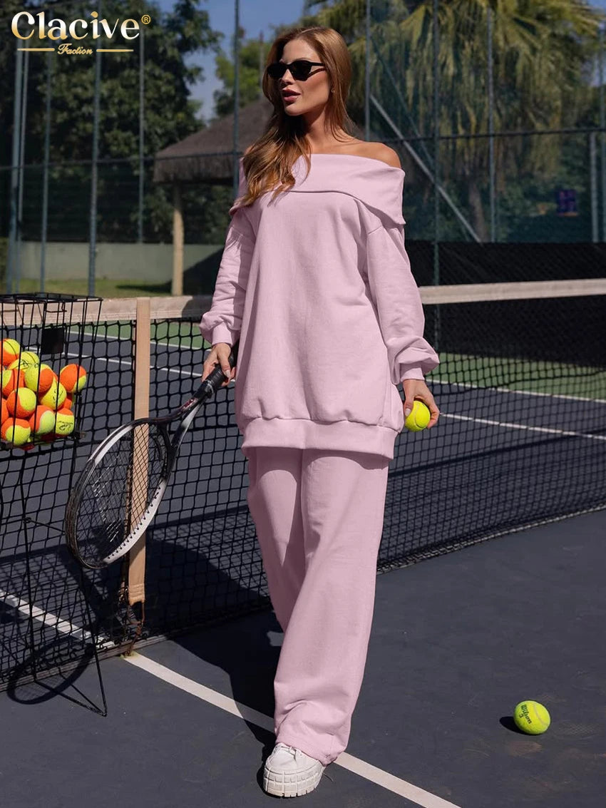 Clacive Fashion Loose Brown 2 Piece Set Women 2025 Winter Long Sleeve Shirt With High Waist Wide Pants Set Female Streetwear