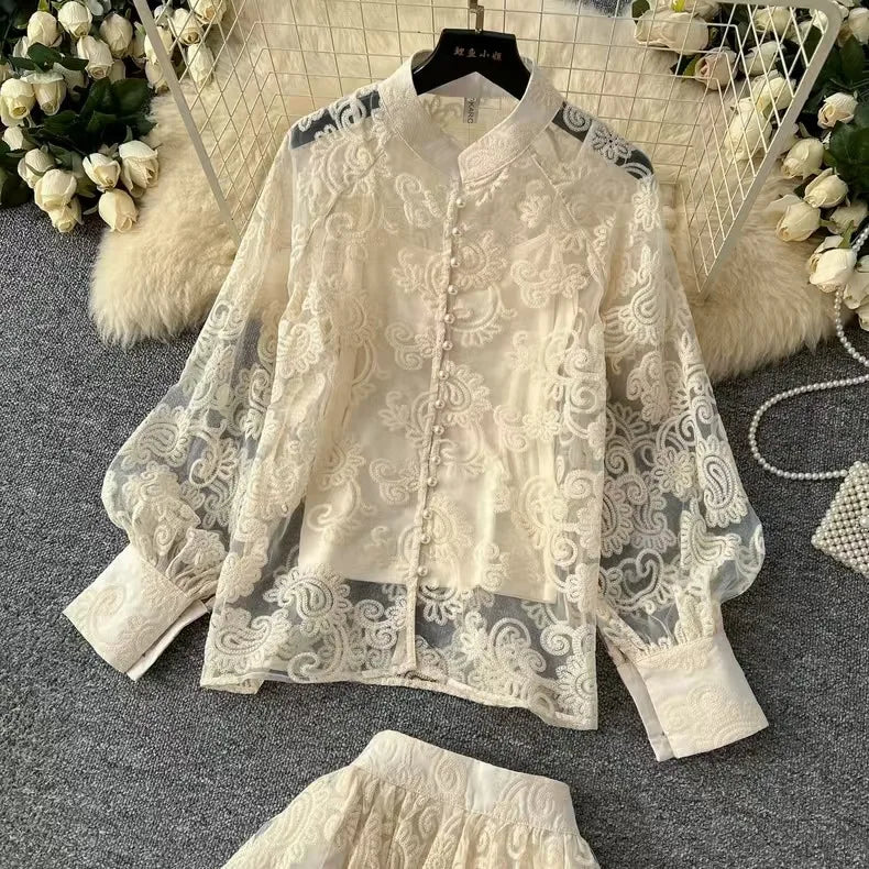 Elegant 2 Piece Long Dress Women Skirt Set Summer Autumn Flower Embroidery Hollow Out Lace Shirt A Line Midi Skirt Party Dresses