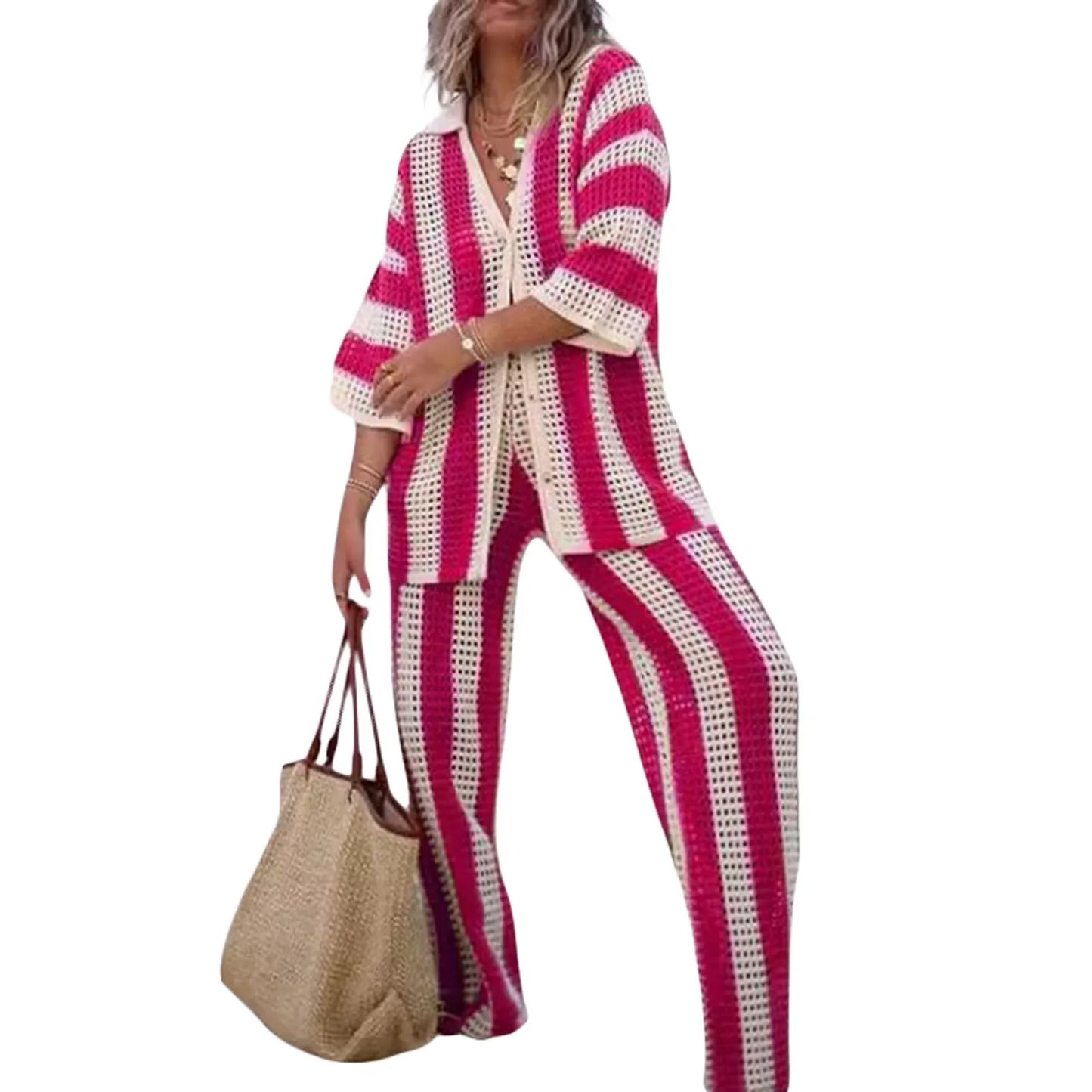 Summer Fashion V-Neck Hollow Striped Shirt Loose Knitted Wide Leg Pants Set Women