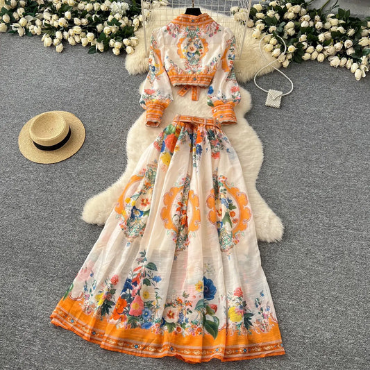 Elegant Floral Maxi Dress 2 Piece Skirt Sets Women Summer Autumn Palace Crop Top Print Shirt A Line Long Skirts Beach Outfit