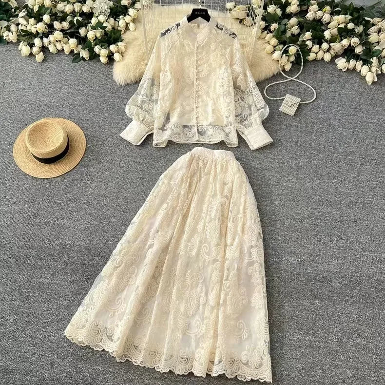Elegant 2 Piece Long Dress Women Skirt Set Summer Autumn Flower Embroidery Hollow Out Lace Shirt A Line Midi Skirt Party Dresses