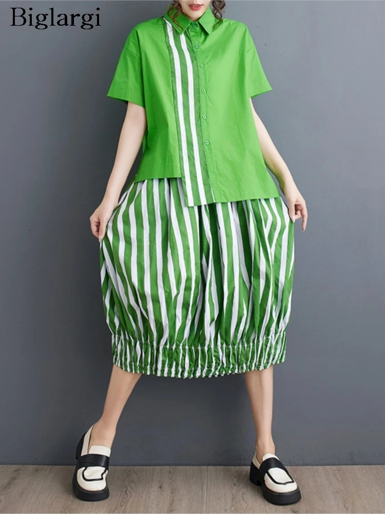 Summer Striped Print 2 Two Piece Set Women Irregular Patchwork Fashion Ladies Cropped Shirts Loose Casual Pleated Woman Skirts