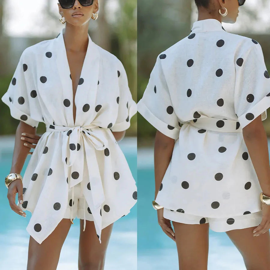 Women White Polka Dot Linen Printed Bandage Blouse Shorts 2 Pieces Set For Vacation Beach  Korean Korean Clothes Y2K Outfit Sets