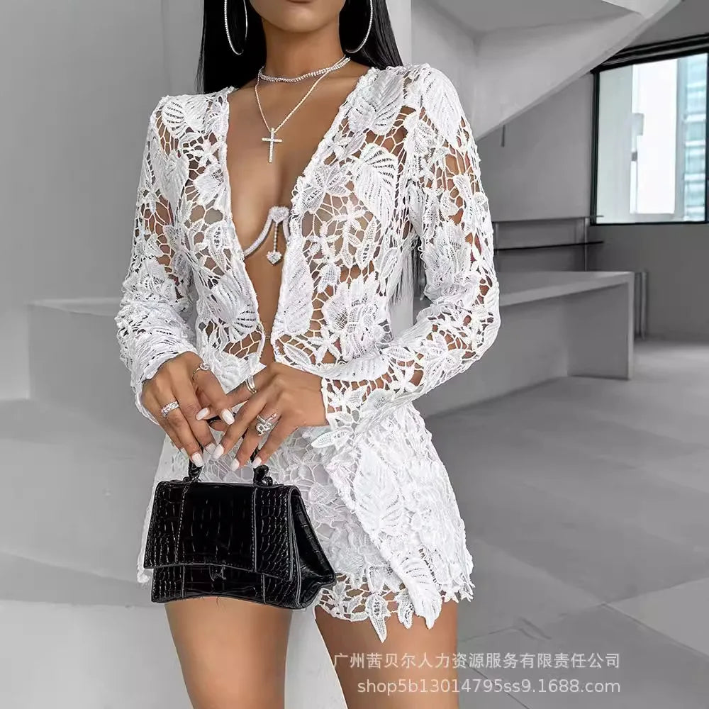 Women's Sets Hollowed-out Solid Color Shirt Long-sleeved Shorts Two-piece Set Women