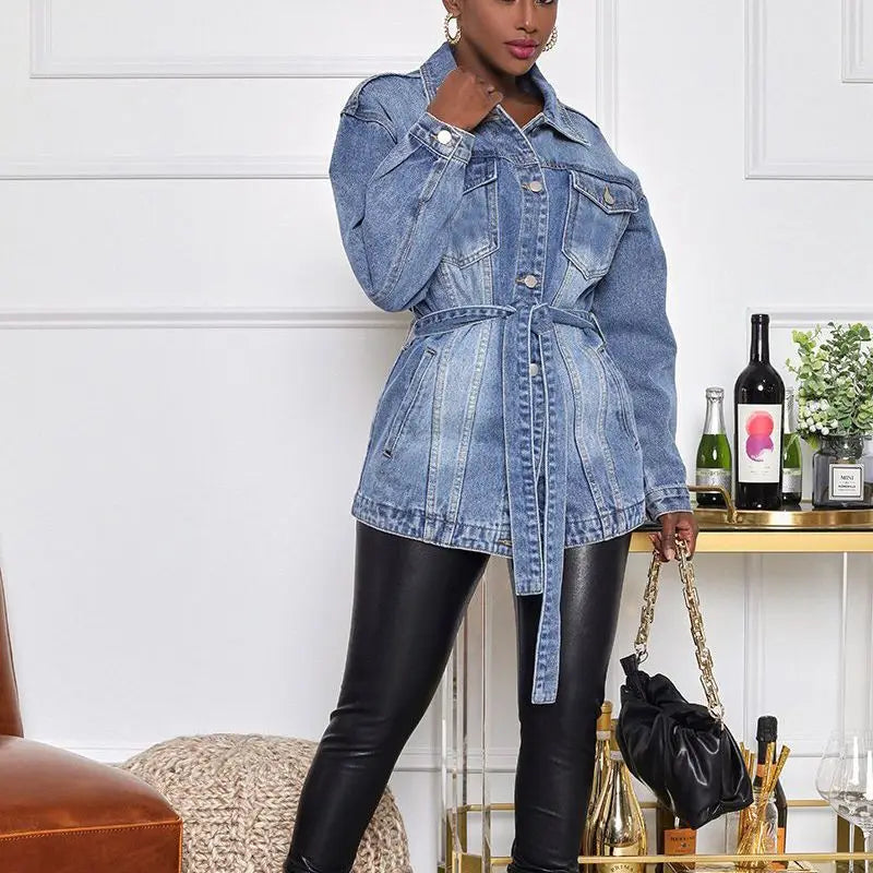 Denim Coat Women Mid Length Coats Turn Down Collar Y2k Jackets Open Stitch Lace Up High Waist Single Breasted Jackets Streetwear