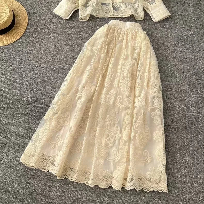 Elegant 2 Piece Long Dress Women Skirt Set Summer Autumn Flower Embroidery Hollow Out Lace Shirt A Line Midi Skirt Party Dresses