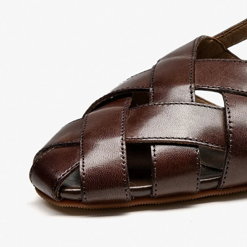 BEAUTODAY Gladiator Sandals Women Cow Leather Cross-tied Cover Pointed Toe Buckle Strap Flats Summer Ladies Shoes Handmade 33034