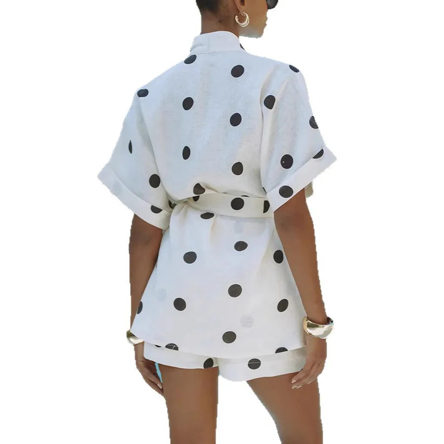 Women White Polka Dot Linen Printed Bandage Blouse Shorts 2 Pieces Set For Vacation Beach  Korean Korean Clothes Y2K Outfit Sets