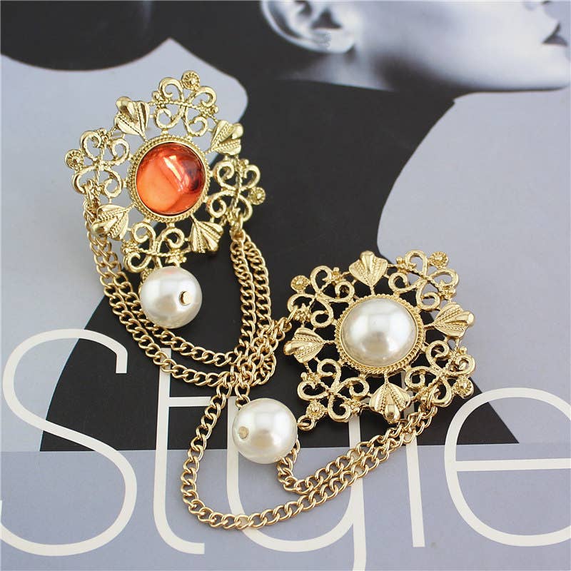 Retro Filigree Brooches with Dangling Chains and Pearls
