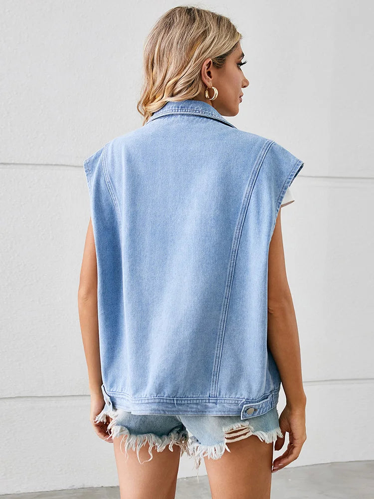 Benuynffy Notched Neck Washed Denim Vest Women Vintage Loose Single Breasted Sleeveless Jeans Vest Jacket Woman Spring New 2024