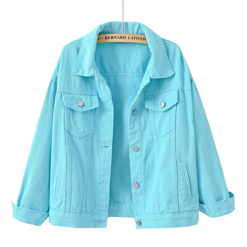 Pink Denim Jacket Women's Spring Autumn Single-breasted Lapel Coat Fashion Green Black Red Blue Outerwear Female Jean Overcoat