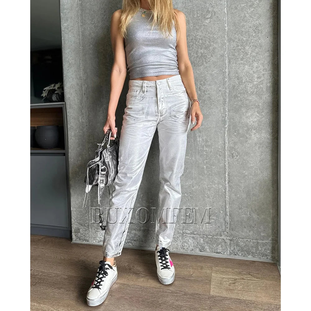 New Vintage Jeans Straight Wide Leg Jeans Female Summer New Fashion Silver Gold Women Metallic Denim Pants Streetwear Style