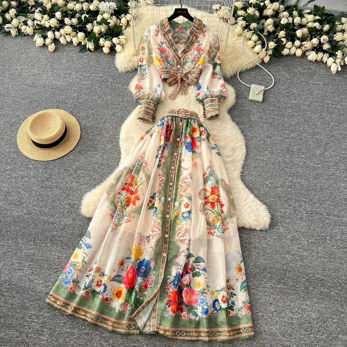 Elegant Floral Maxi Dress 2 Piece Skirt Sets Women Summer Autumn Palace Crop Top Print Shirt A Line Long Skirts Beach Outfit