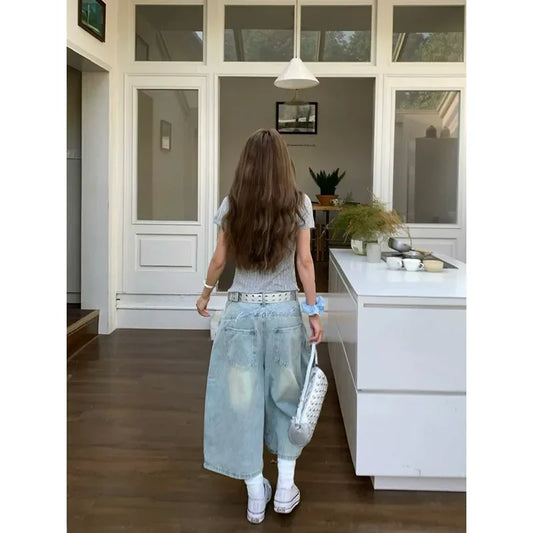 Women Knee Length Cargo Jeans  Harajuku Baggy Wide Leg Denim Trouser Japanese 2000s Short Jean Pants Vintage Oversize Clothes