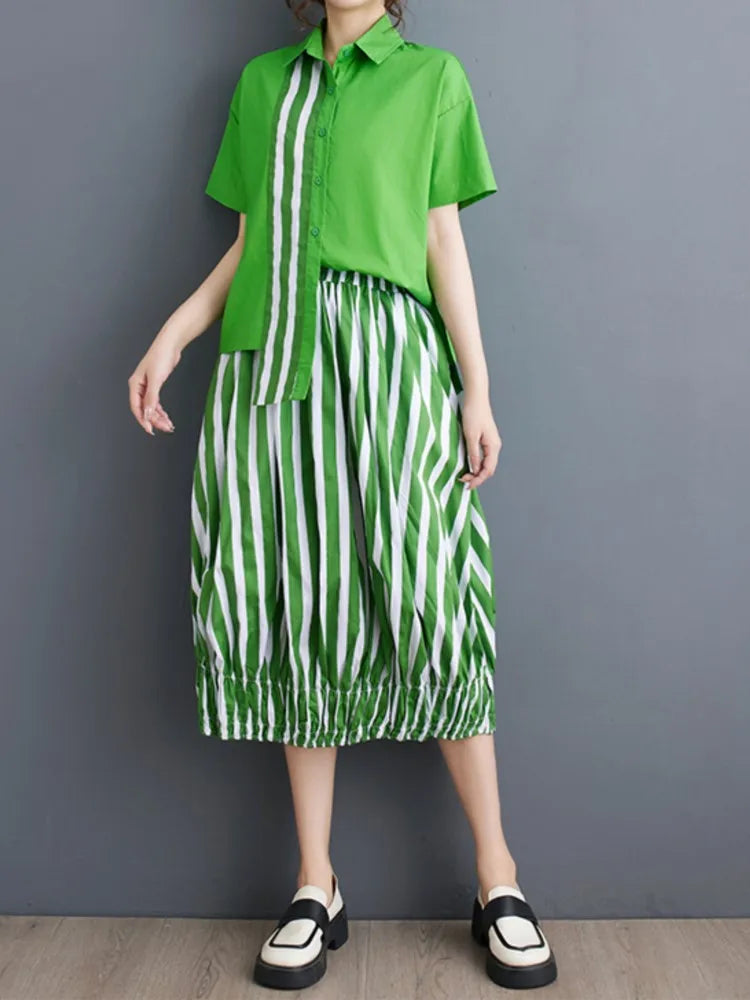 Summer Striped Print 2 Two Piece Set Women Irregular Patchwork Fashion Ladies Cropped Shirts Loose Casual Pleated Woman Skirts