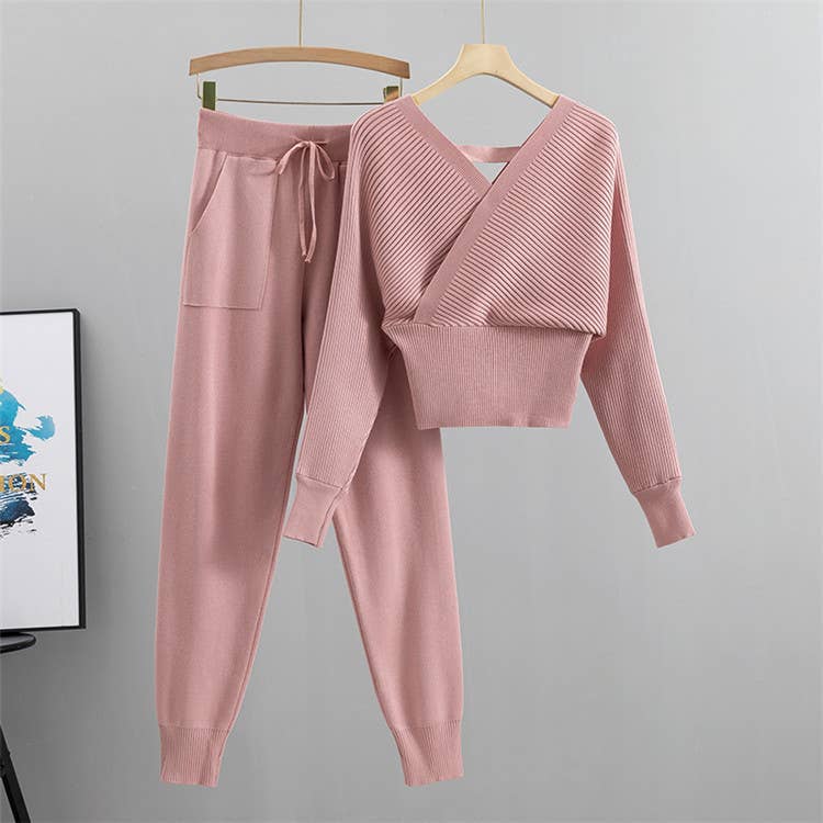 Off the shoulder sweater rib knit cozy Lounge Set