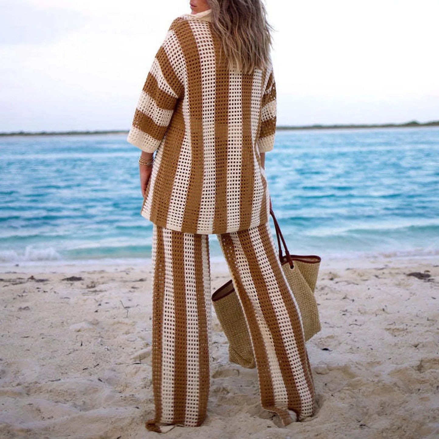 Summer Fashion V-Neck Hollow Striped Shirt Loose Knitted Wide Leg Pants Set Women