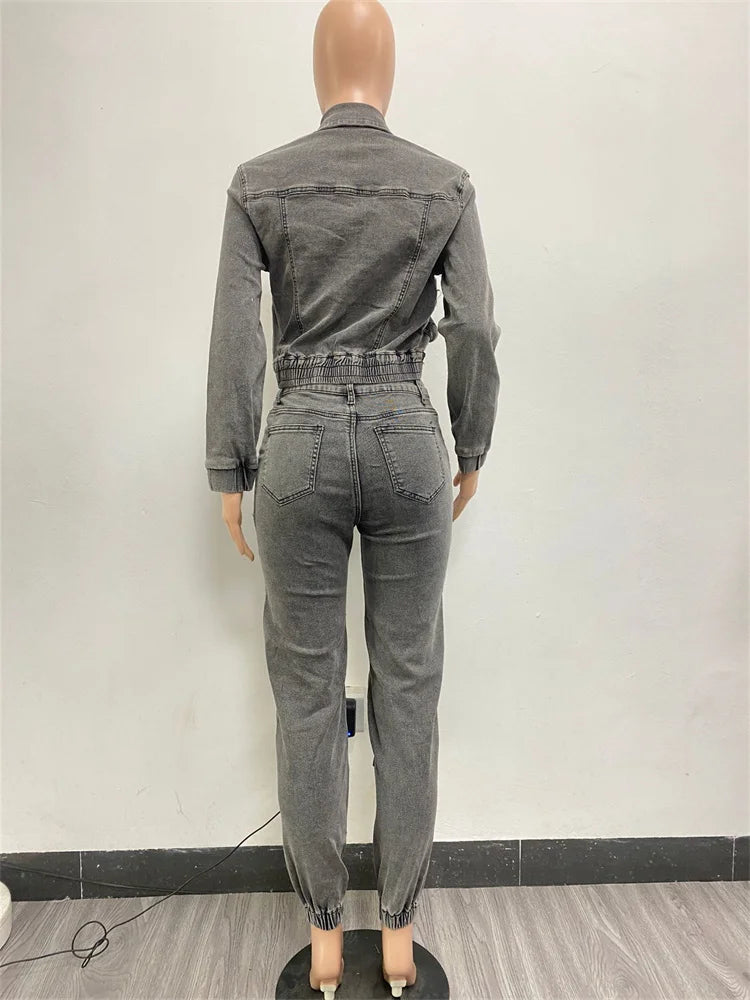 Wmstar Denim Two Piece Set Women Jacket Coat Top Jeans Cargo Pants Cool New in Winter Matching Clothes Wholesale Dropshipping