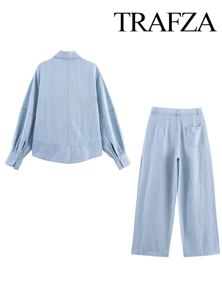 HH Summer Women Fashion Turn-down Collar Long Sleeve Shirts+Slim Zipper Button Pockets Straight Pants Denim 2-Piece Set