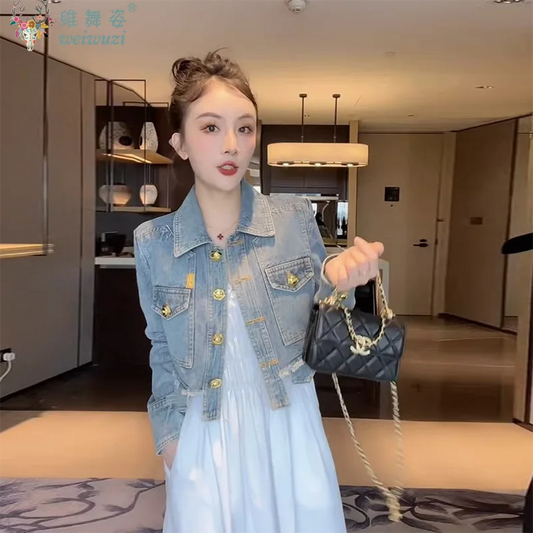 Fashion Women Short Denim Jacket Practical Pocket Causal Jean Coat Autumn Top Versatile Street Wear Long Sleeve Short Outerwear