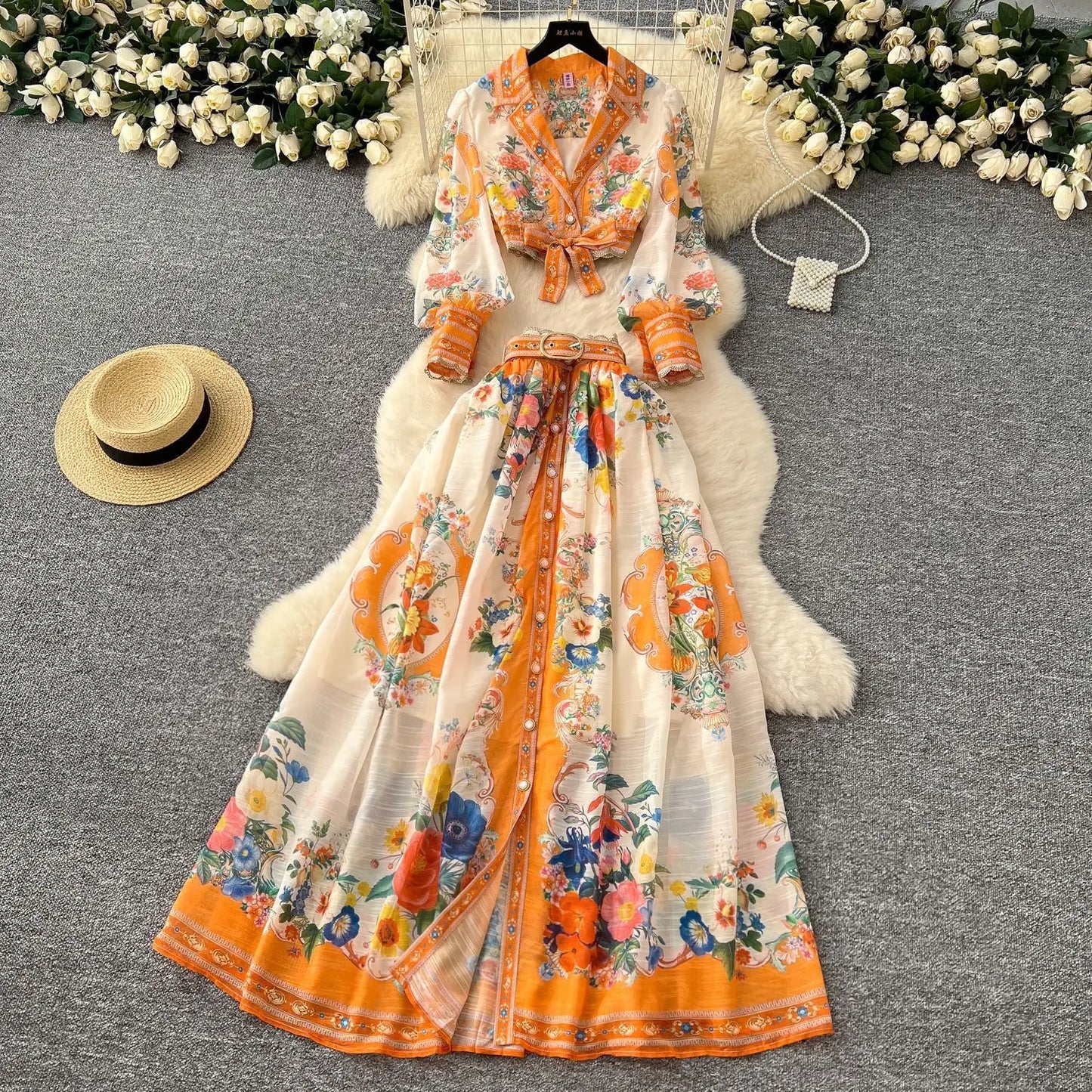 Elegant Floral Maxi Dress 2 Piece Skirt Sets Women Summer Autumn Palace Crop Top Print Shirt A Line Long Skirts Beach Outfit