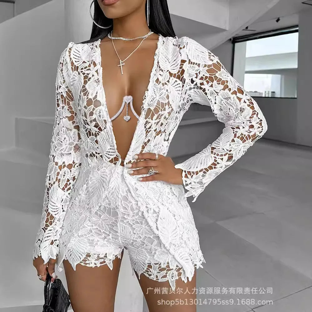 Women's Sets Hollowed-out Solid Color Shirt Long-sleeved Shorts Two-piece Set Women