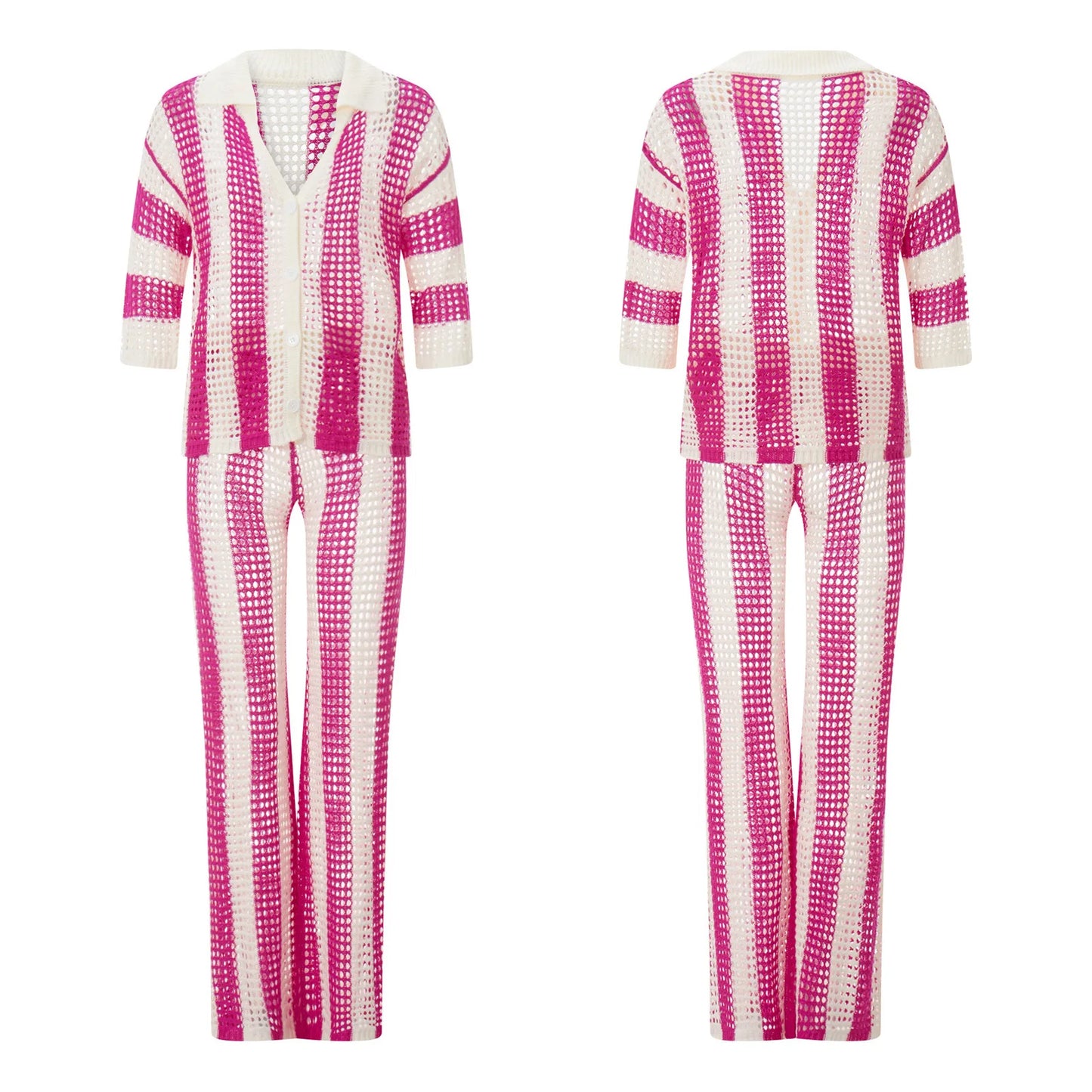 Summer Fashion V-Neck Hollow Striped Shirt Loose Knitted Wide Leg Pants Set Women