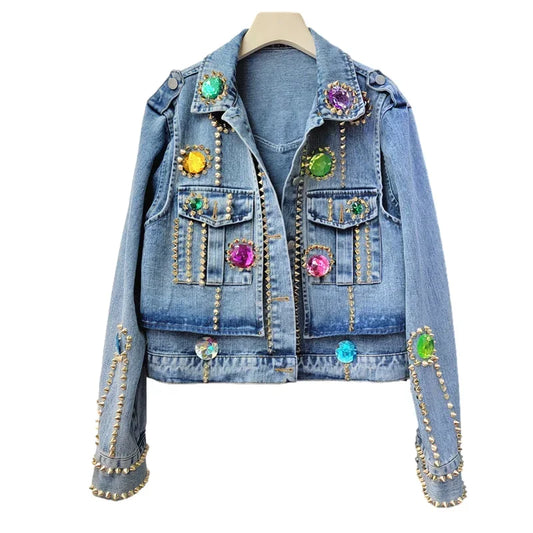 Streetwear Diamonds Rivet Big Pocket Long Sleeve Denim Jacket Women Casual Cowboy Outerwear Loose Short Jeans Jacket Coat Female