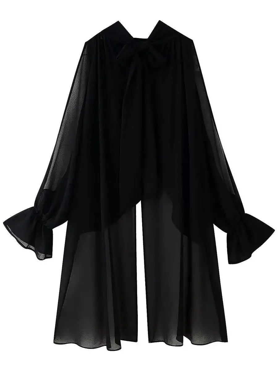 2025 Summer Women's Vintage Translucent Black Flare Sleeve Ruffles Tierred Shirts Lady Elegant Chiffon High Neck Layered Blouses