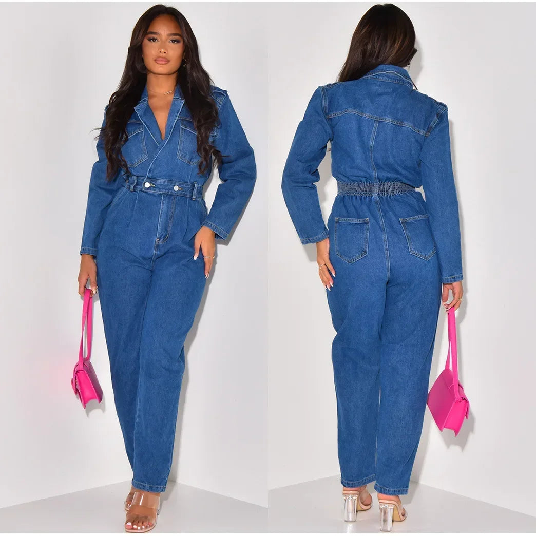 Jumpsuit Women Denim Overalls Vintage One Pieces Jeans Stretch Long Sleeve Casual Romper Overalls Streetwear Female Jumpsuits