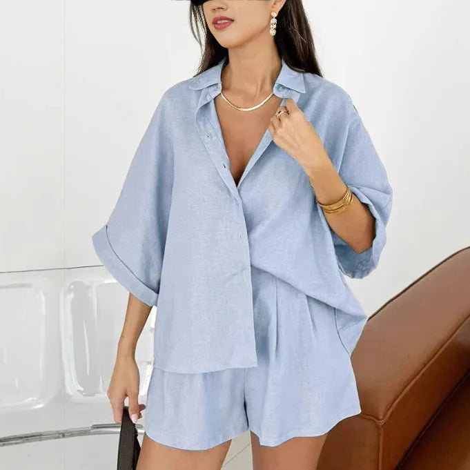 Summer Women's Casual Collar Half Sleeved Top Shorts Two-piece Set 2025 Solid Color Simple T-shirt Top+shorts Set For Wearing